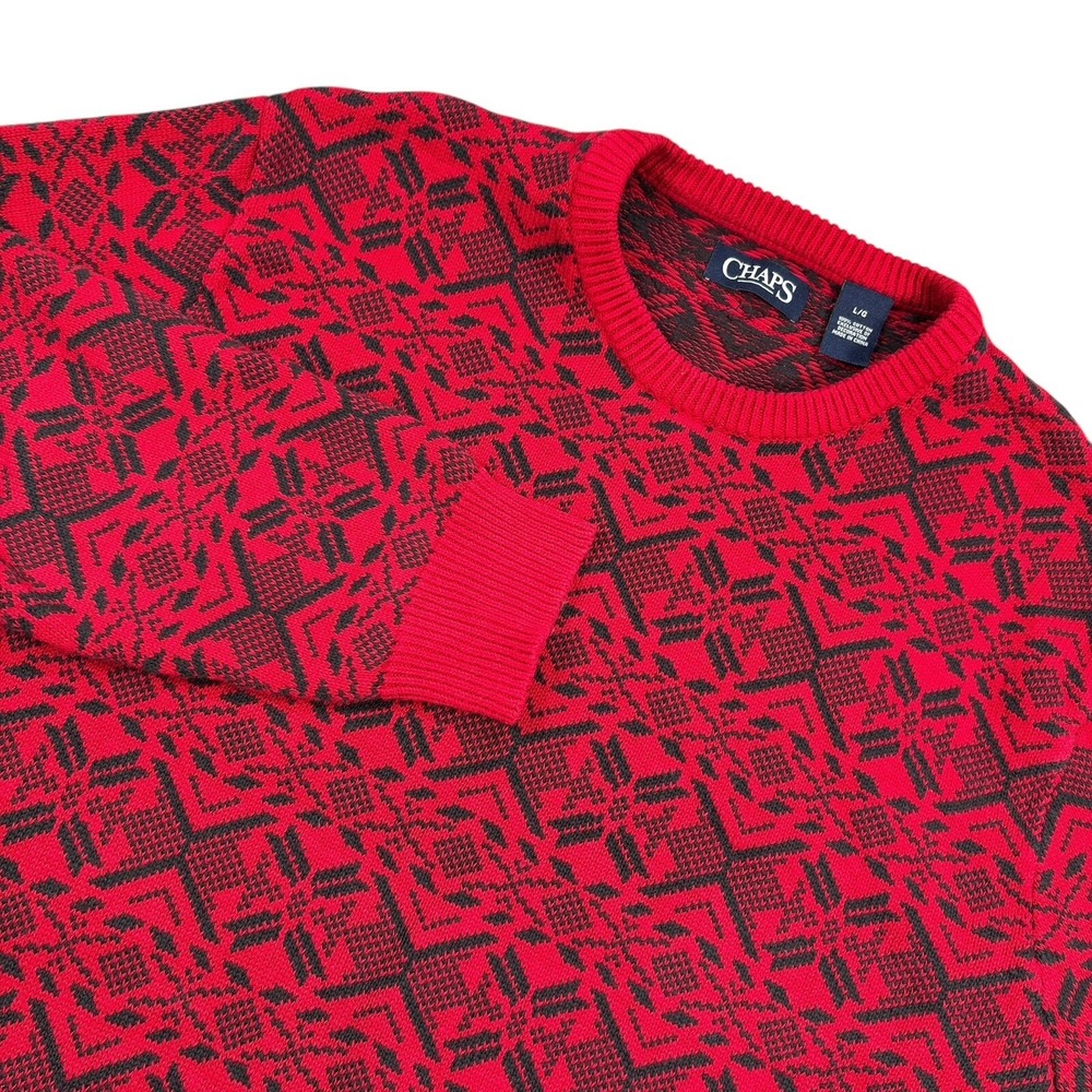 Chaps Sweater Mens L Red Charcoal Knit Winter Theme Preppy Grampcore Business